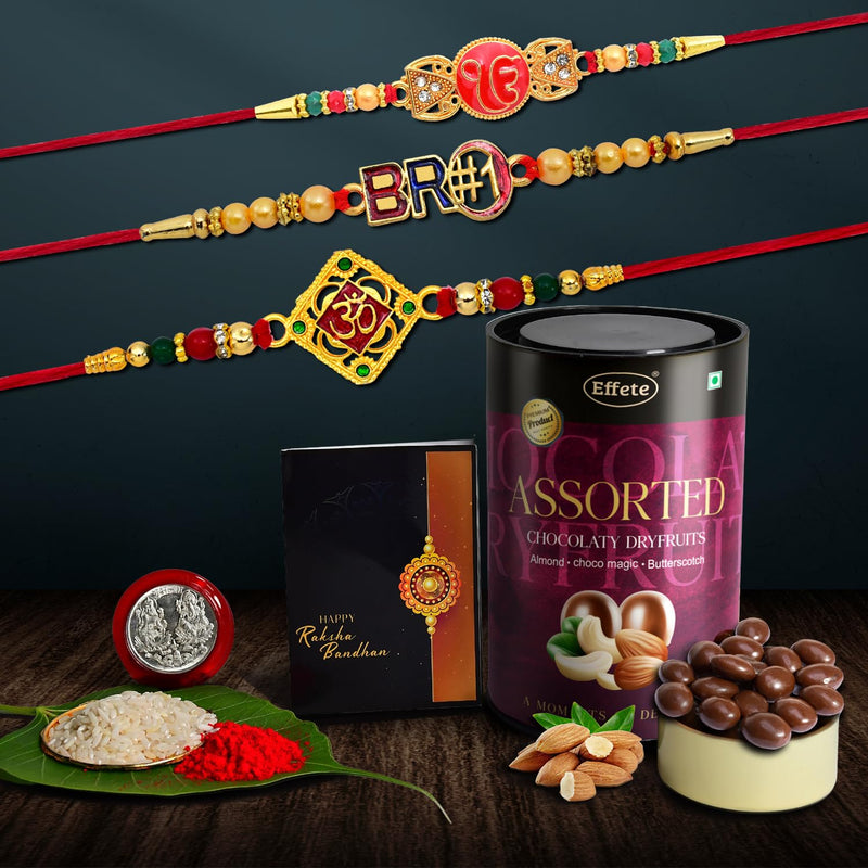 Rakhi (K3_326+360+361_as)  Assorted Chocolate Dryfruits 96gm Rakhi  Chocolate For Brother Rakhi With Chocolate Rakhi With Gift Rakhi Combo Set Of 3 Rakhi Chocolate