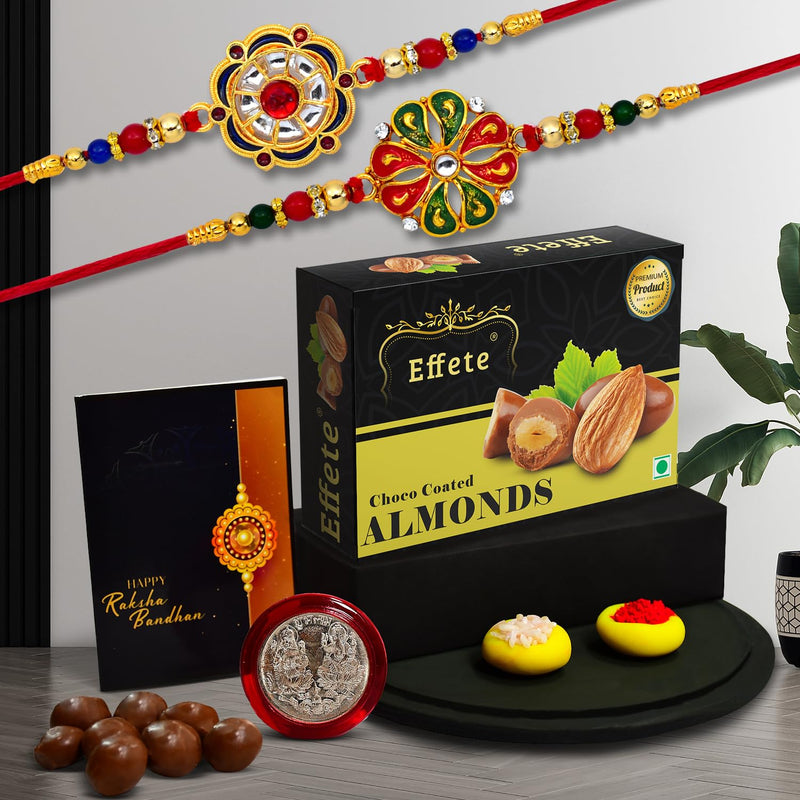 (K2_299+304_ca32) Rakhi Combo With Chocolate Almonds 32gm Rakhi For Brother With Gift  Chocolate Gift Pack Rakhi With Chocolate Gift Hemper  Fancy Rakhi For Men  Set Of 2