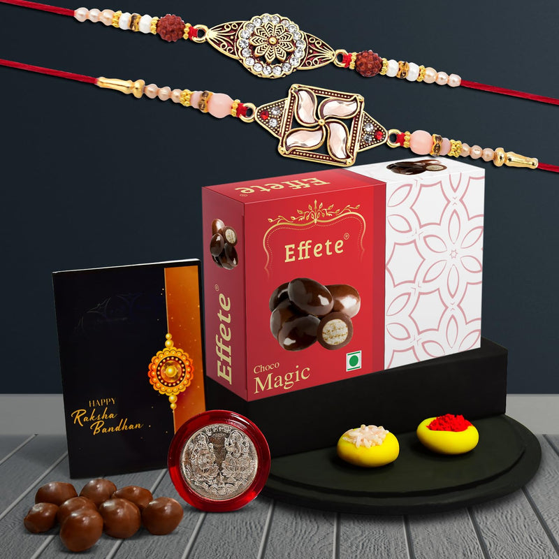 Rakhi For Brother Set Of 2 With Chocolate Magic 32gm Pooja Coin  Greeting Card Rakhi For Brother And Bhabhi Rakhi With Sweets(K2_425+426_em32)