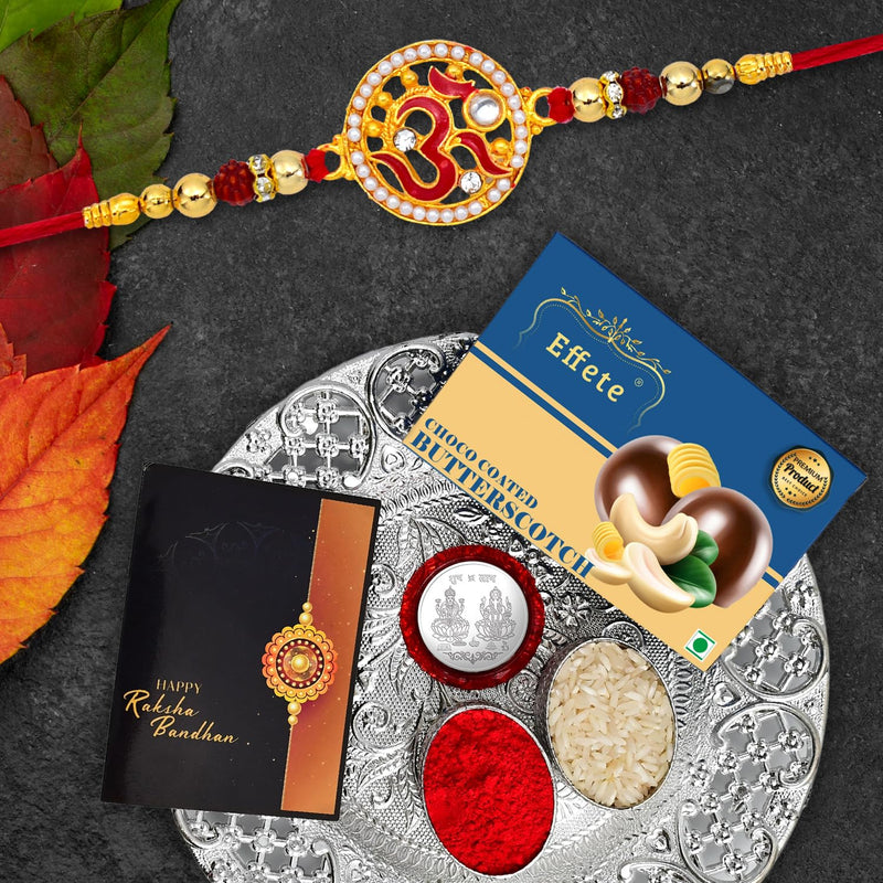 (K1_272_ds+bs32) Rakhi Combo With Chocolate Butter Scotch 32gm  Silver Pooja Thali Pooja Coin  Greeting Card Rakhi Gift Set  Rakhi Thali  Rakhi With Plate  Rakhi Gifts  Rakhi Thali Set  Rakhi Hamper For Brother  Rakhi With Chocolat
