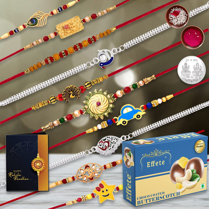 Peacock Feather Rakhi  Mor Pankh Rakhi For Brother  Hathi Rakhi  Sun Rakhi  Peacock Rakhi  Chocolate With Rakhi  Set Of 10 Rakhi (K10_mc10_bs32)