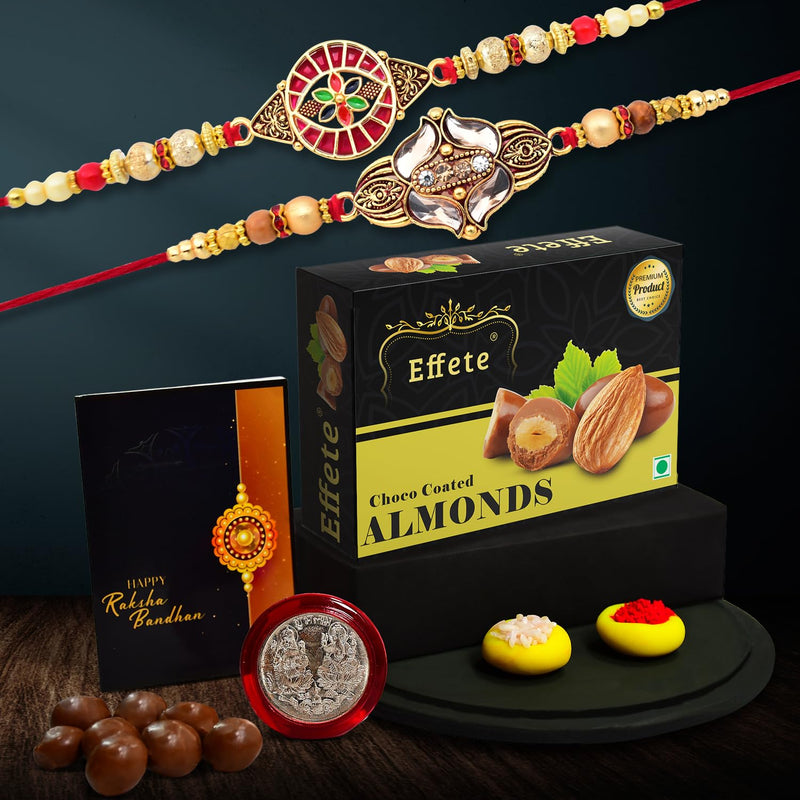 (K2_427+428_ca32) Rakhi Combo With Chocolate Almonds 32gm Rakhi For Brother With Gift Chocolate Gift Pack Rakhi With Chocolate Gift Hemper Fancy Rakhis For Men Set Of 2 Rakhi