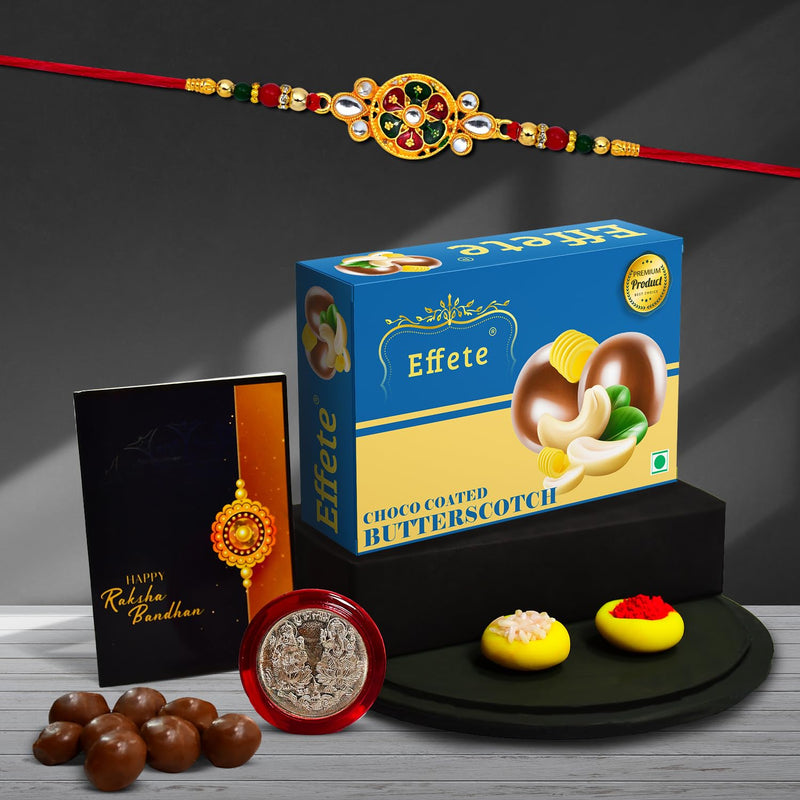 Rakhi For Brother Set Of 1 With Chocolate Butter Scotch 32gm Pooja Coin With Greeting Card (K1_532_bs32)