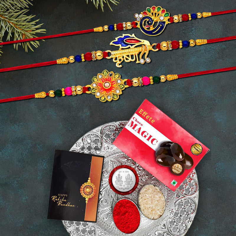 Rakhi Combo With Chocolate Magic 32 Gms  Pooja Thali Rakhi For Brother With Gift  Chocolate Gift Pack Rakhi With Chocolate Gift Hemper  Fancy Rakhi For Men  Set Of 3
