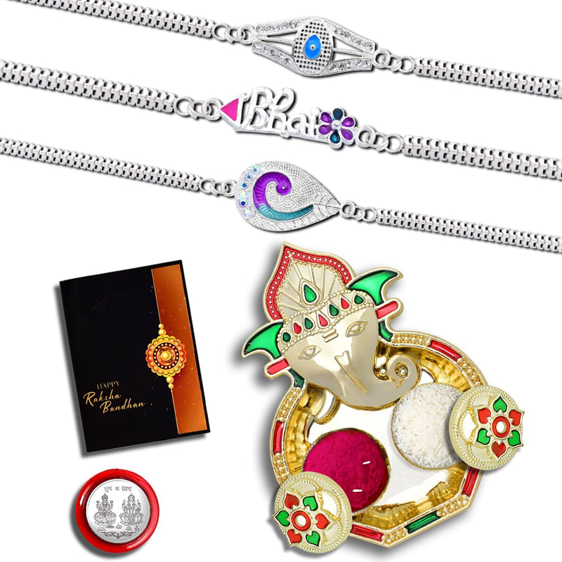 Rakhi Combo (K3_c30+c31+c32_aa3) With Pooja Coin Shri Ganesh Pooja Thali  Tilak Set  Greeting Card Rakhi With Plate Rakhi Thali Set Rakhi For Brother Kids Fancy Rakhi For Brother Rakhi For Little Brother Rakhi For Brother And Bhabhi Rakhi