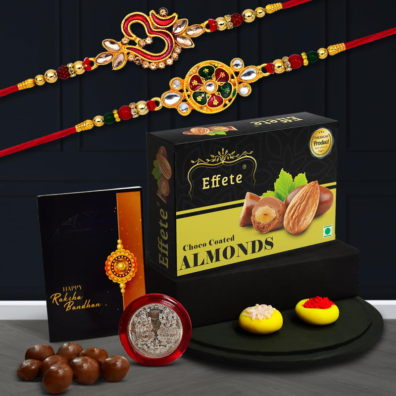 (K2_551+552_ca32) Rakhi Combo With Chocolate Almonds 32gm Rakhi For Brother With Gift  Chocolate Gift Pack Rakhi With Chocolate Gift Hemper  Fancy Rakhi For Men  Set Of 2