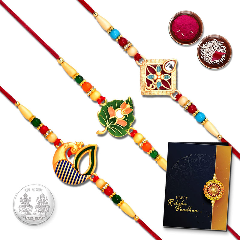Traditional Rakhi Set With Ganesha Om And Decorative Patterns Pack Of 3 Designer Rakhis For Brothers Best Rakhi Combo For Brothers Attractive Rakhi Set Of 3 - Perfect For Siblings