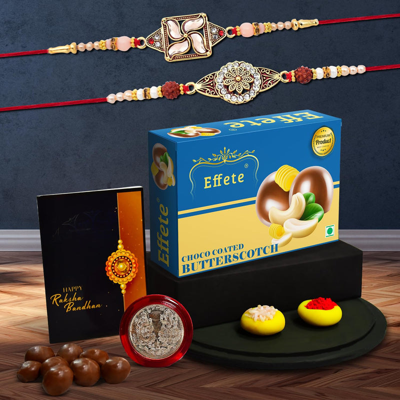 (K2_425+426_bs32) Rakhi Combo With Chocolate Butter Scotch 32gm  Stylish Rakhi For Brother  Rakhi  Chocolate For Brother  Rakhi Brother  Rakhi With Gift  Handmade Rakhi  Set Of 2