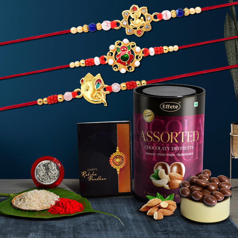 (K3_13+14+15_as) Rakhi Combo With Assorted Chocolate Dryfruits 96gm Rakhi  Chocolate For Brother Fancy Rakhis For Men Stylish Rakhi With Gift Rakhi Combo Set Of 3 Chocolate