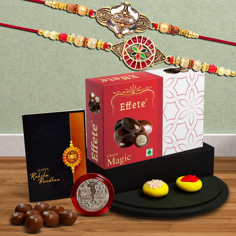 Rakhi (K2_427+428_em32)  Chocolate Magic 32gm Rakhi For Brother With Gift  Fancy Rakhis For Men Stylish Rakhi Combo For Brother  Set Of 2 Rakhi  Chocolate