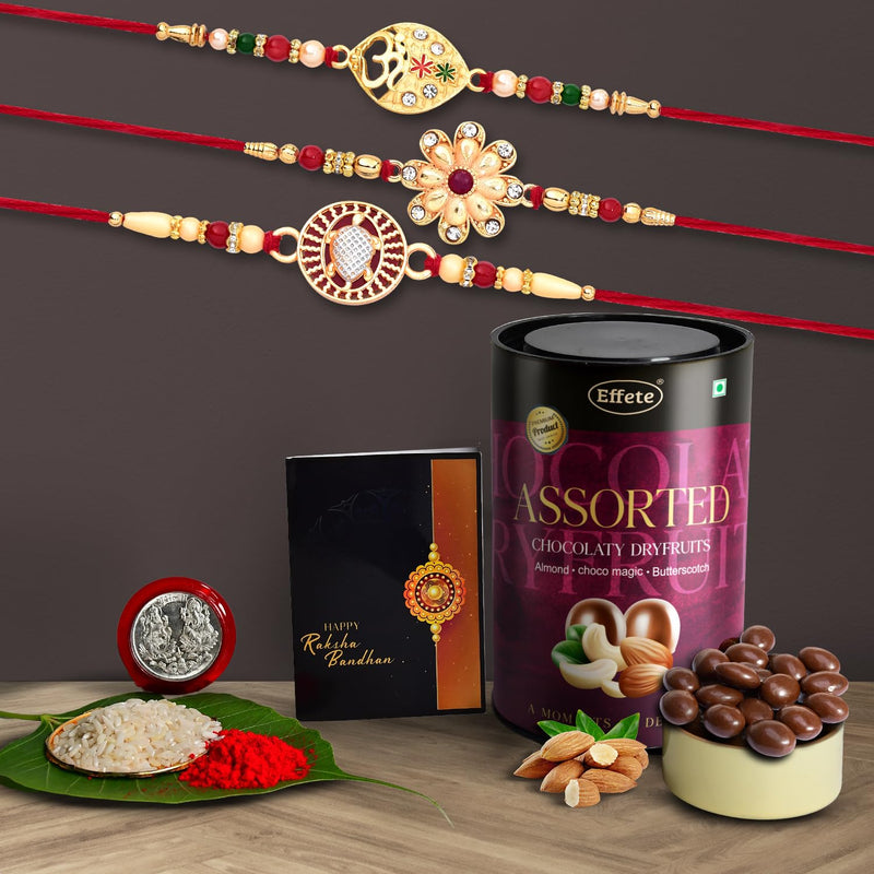 Rakhi Combo Gift For Brother With Almond-butterscotch-biscuit Choco Mix  Best Rakhi Collection  Rakhi Gift For Brothersister  Bracelet Rakhi  Rakhi Set Of 3 With Greeting Cardroli-chavalcoin(K3_284+285+286_as)