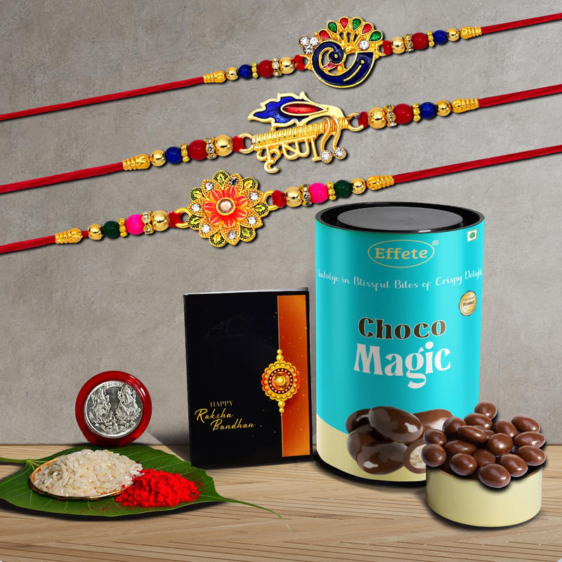(K3_320+321+322_cm) Rakhi Combo With Chocolate Magic  Rakhi For Brother With Gift  Chocolate Gift Pack Rakhi With Chocolate Gift Hemper  Fancy Rakhi For Men  Set Of 3