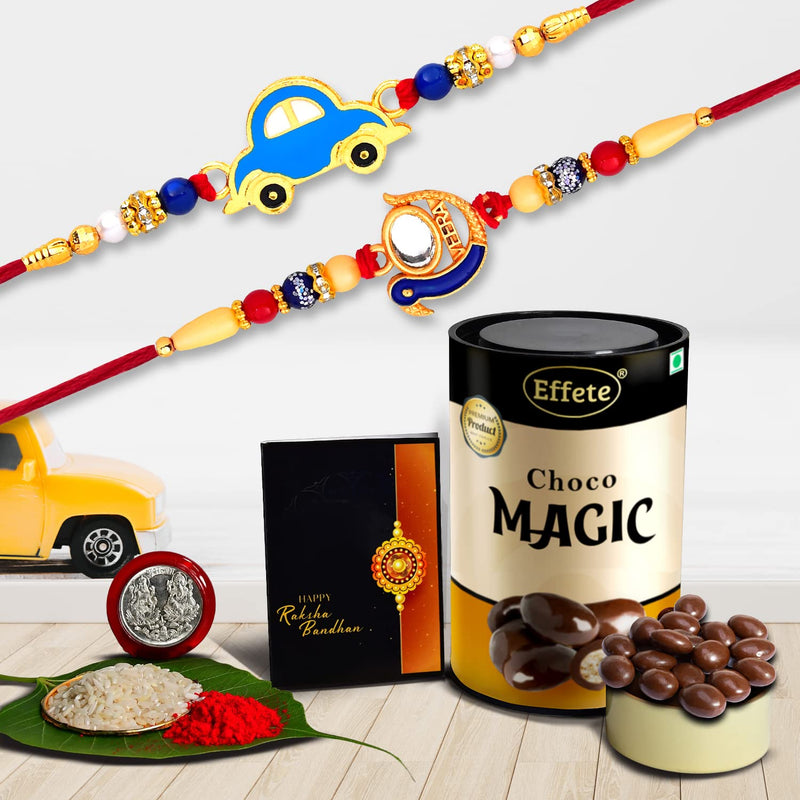 Multicolor Rakhi Combo With Chocolate Magic  Silver Color Pooja Coin Roli Chawal  Greeting Card Occasion Rakhi  Chocolate For Brother Rakhi With Chocolate Rakhi With Gift Rakhi Combo Set Of 2 Rakhi Rakhi Chocolate Gift Combo (K2_3