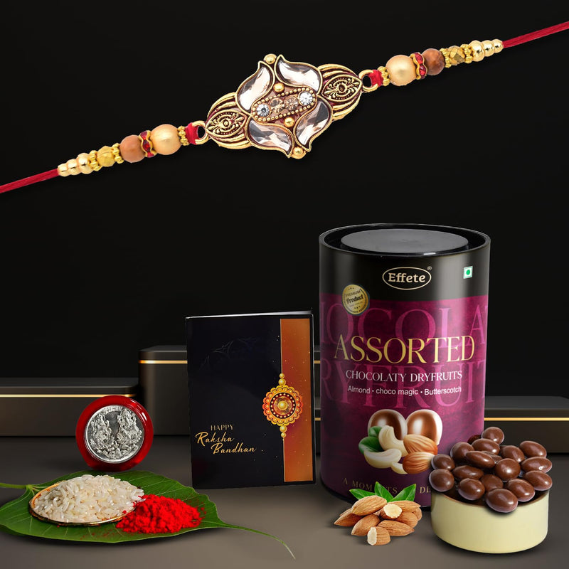 (K1_428_as) Rakhi Combo With Assorted Chocolate Dryfruits 96gm Rakhi For Brother With Gift Chocolate Gift Pack Rakhi With Chocolate Gift Hemper Fancy Rakhis For Men Set Of 1 Rakhi