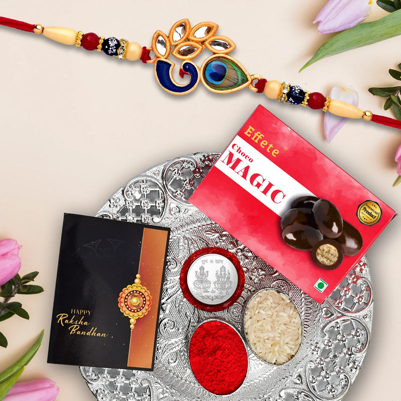 Peacock Designer Rakhi Combo Gift Set With Choco Magic Tilak Set  Blessing Coin  Raksha Bandhan Special