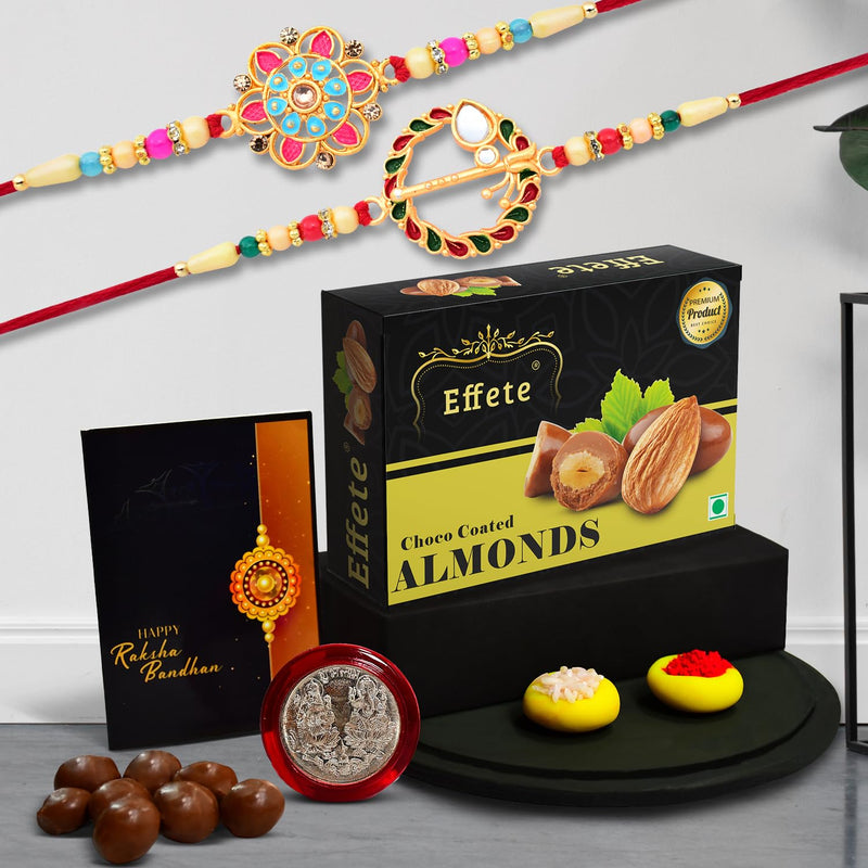 (K2_559+560_ca32) Rakhi Combo With Chocolate Almonds 32gm Rakhi For Brother With Gift Chocolate Gift Pack Rakhi With Chocolate Gift Hemper Fancy Rakhis For Men Set Of 2 Rakhi