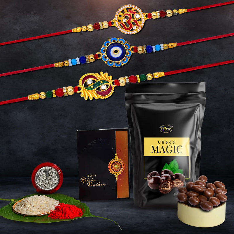 Rakhi (K3_272+273+275_sm)  Choco Magic (Pouch) Rakhi For Brother With Gift Rakhi With Chocolate Rakhi Combo For Brother Set Of 3 Rakhi Chocolate