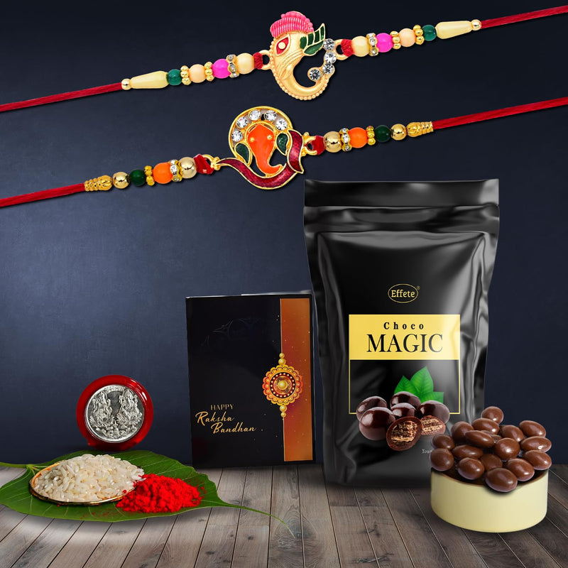 Rakhi (K2_251+258_sm)  Choco Magic (Pouch)  Rakhi Combo With Card And Chocolate  Chocolates Gift  Rakhi  Chocolate For Brother  Rakhi With Gift  Set Of 2 Rakhi