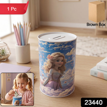 Cartoon Printed Metal Coin Saving Box  1 Pc Cute Princess Design Money Bank For Kids
