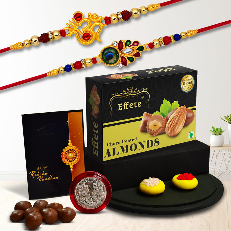 (K2_317+319_ca32) Rakhi Combo With Chocolate Almonds 32gm Rakhi For Brother With Gift Chocolate Gift Pack Rakhi With Chocolate Gift Hemper Fancy Rakhis For Men Set Of 2 Rakhi