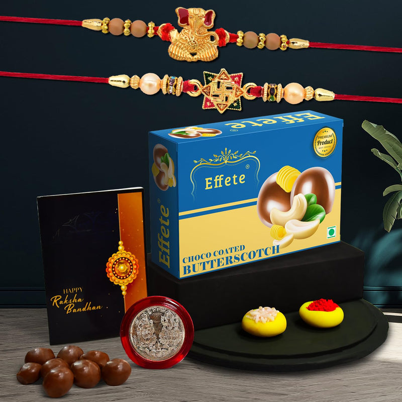 (K2_3+10_bs32) Rakhi Combo With Chocolate Butter Scotch 32gm Rakhi For Brother With Gift Chocolate Gift Pack Rakhi With Chocolate Gift Hemper Fancy Rakhis For Men Set Of 2 Rakhi