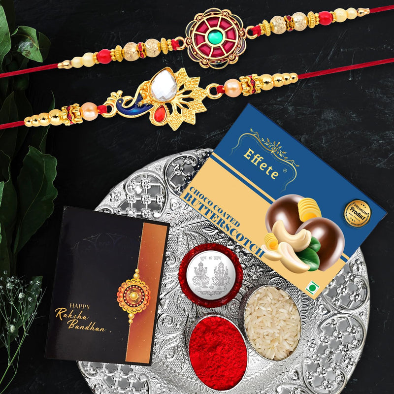 Rakhi Combo (K1_317_ds+bs32) Chocolate Butter Scotch 32gm  Silver Pooja Thali With Pooja Coin  Greeting Card Rakhi Thali Rakhi Gift Set Rakhi With Plate Rakhi Thali Set Rakhi Hamper For Brother Rakhi With Chocolate Rakhi For Brothe