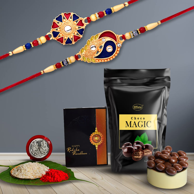 Rakhi For Brother Set Of 2 Multicolor Rakhi With Choco Magic Silver Color Pooja Coin  Greeting Card