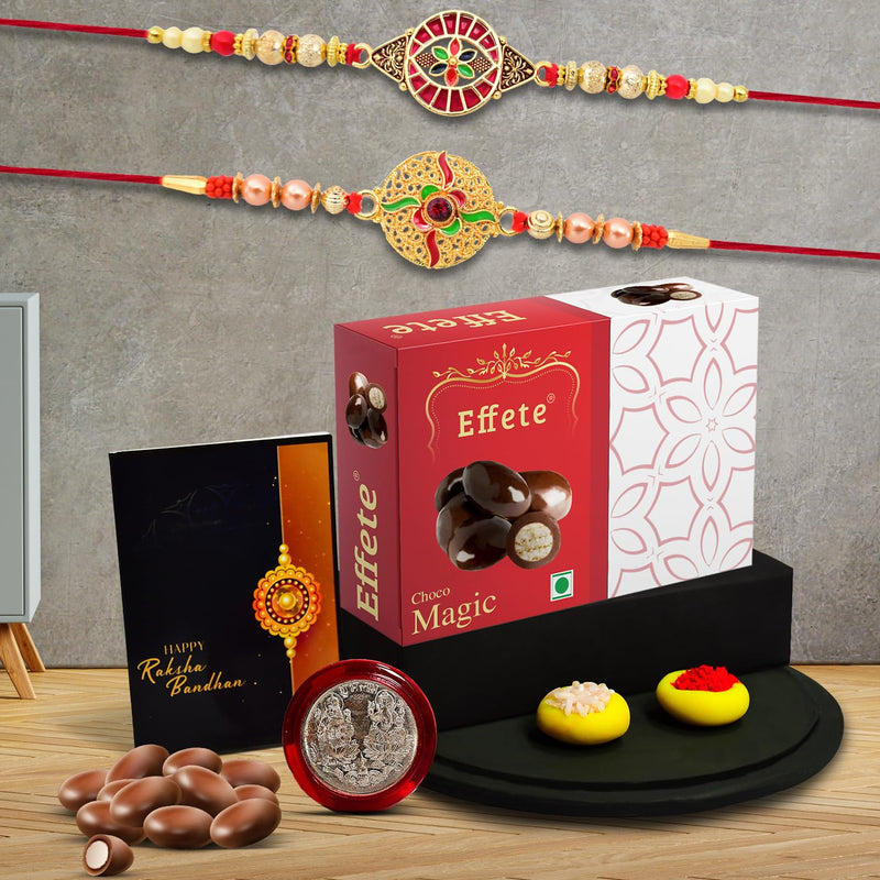 Rakhi Combo (K2_282+293_ds+em32) Chocolate Magic 32gm  Pooja Thali With Pooja Coin  Greeting Card Rakhi Thali Rakhi With Plate Rakhi Thali Set Rakhi For Brother With Chocolate Rakhi With Gift Rakhi With Chocolate Rakhi For Brother