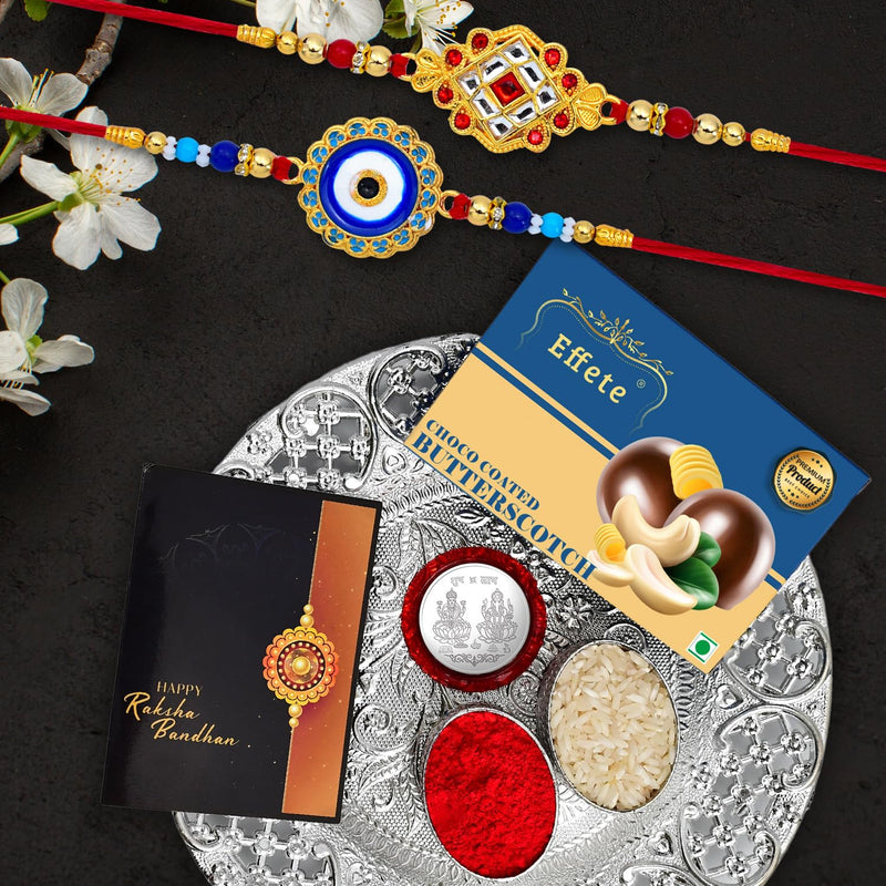 Rakhi Combo (K2_515+516_ds+bs32) Chocolate Butter Scotch 32gm  Silver Pooja Thali With Pooja Coin  Greeting Card Rakhi Thali Rakhi Gift Set Rakhi With Plate Rakhi Thali Set Rakhi Hamper For Brother Rakhi With Chocolate Rakhi For Br