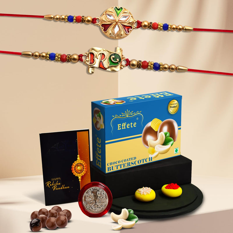 (K2_125+126_bs32) Multicolor Rakhi Chocolate Butter Scotch 32gm Silver Color Pooja Coin Roli Chawal  Greeting Card Rakhi Combo Brother Stylish Rakhi Brother Set Of 2 Rakhi
