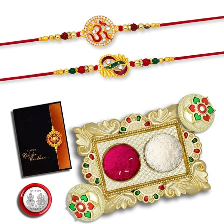 (K1_251_aa1) Rakhi Combo With Pooja Coin Gold Color Pooja Thali  Tilak Set  Greeting Card Rakhi Thali  Rakhi For Brother And Bhabhi  Rakhi With Plate  Rakhi For Brother And Bhabhi  Rakhi Silver  Rakhi For Baby Brother  Rakhi For Brother K