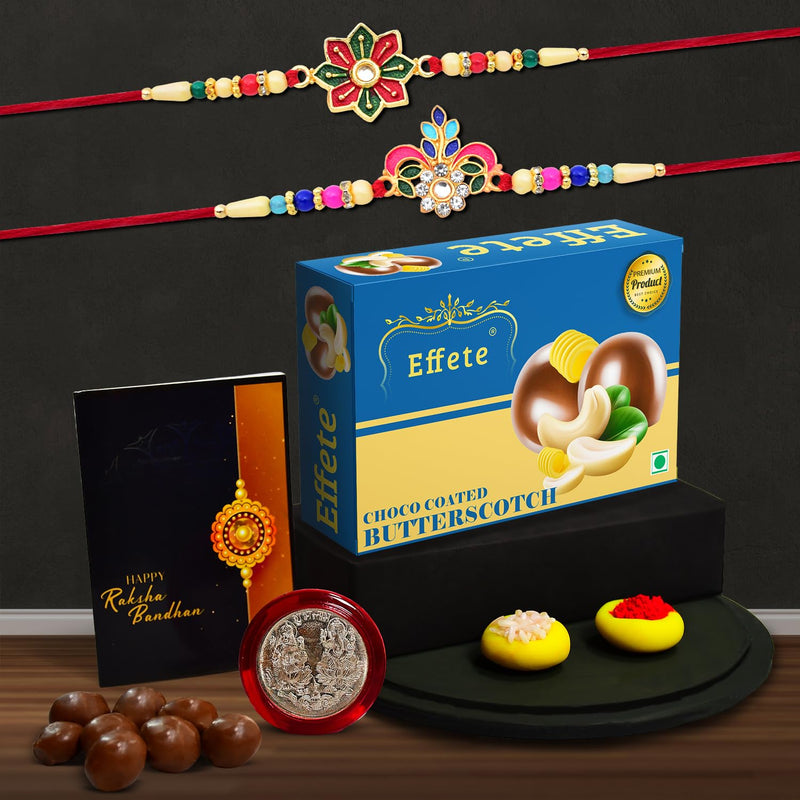 (K2_557+558_bs32) Rakhi Combo With Chocolate Butter Scotch 32gm  Stylish Rakhi For Brother  Rakhi  Chocolate For Brother  Rakhi Brother  Rakhi With Gift  Handmade Rakhi  Set Of 2