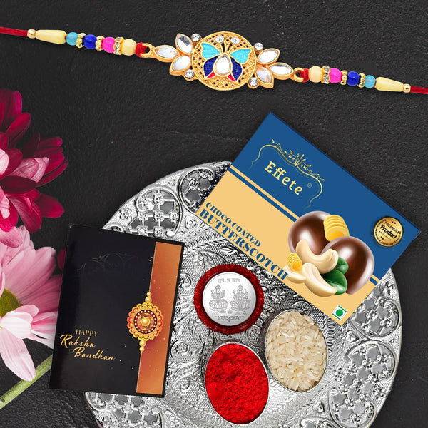 (K1_514_ds+bs32) Rakhi Combo With Chocolate Butter Scotch 32gm  Silver Pooja Thali Pooja Coin  Greeting Card Rakhi Thali  Rakhi Gift Set  Rakhi Thali Set  Rakhi With Chocolate  Rakhi With Plate  Rakhi Hamper For Brother  Rakhi With