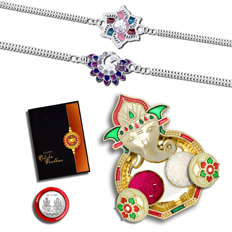 Rakhi Combo With (K2_c11+c12_aa3) With Pooja Coin Shri Ganesh Pooja Thali  Tilak Set  Greeting Card Rakhi With Plate  Rakhi Thali Set  Rakhi In Silver  Rakhi Hamper  Handmade Rakhi  Rakhi For Brother Kids  Rakhi For Brother And Bhabhi  Ra