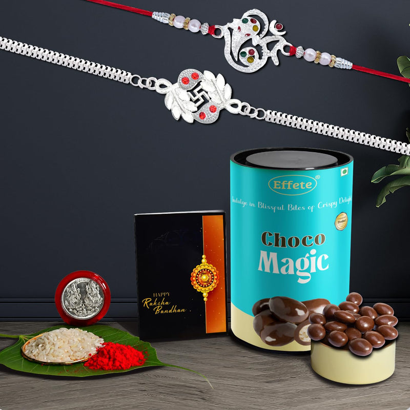 (K2_a8+a45_cm) Rakhi Combo With Chocolate Magic Rakhi For Brother With Gift Chocolate Gift Pack Rakhi With Chocolate Gift Hemper Fancy Rakhis For Men Set Of 2 Rakhi