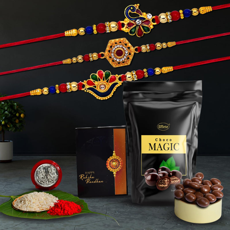 Rakhi (K3_313+314+315_sm)  Choco Magic (Pouch) Rakhi For Brother With Gift  Handmade Rakhi Rakhi Combo For Brother  Stylish Rakhi For Brother  Set Of 3 Rakhi