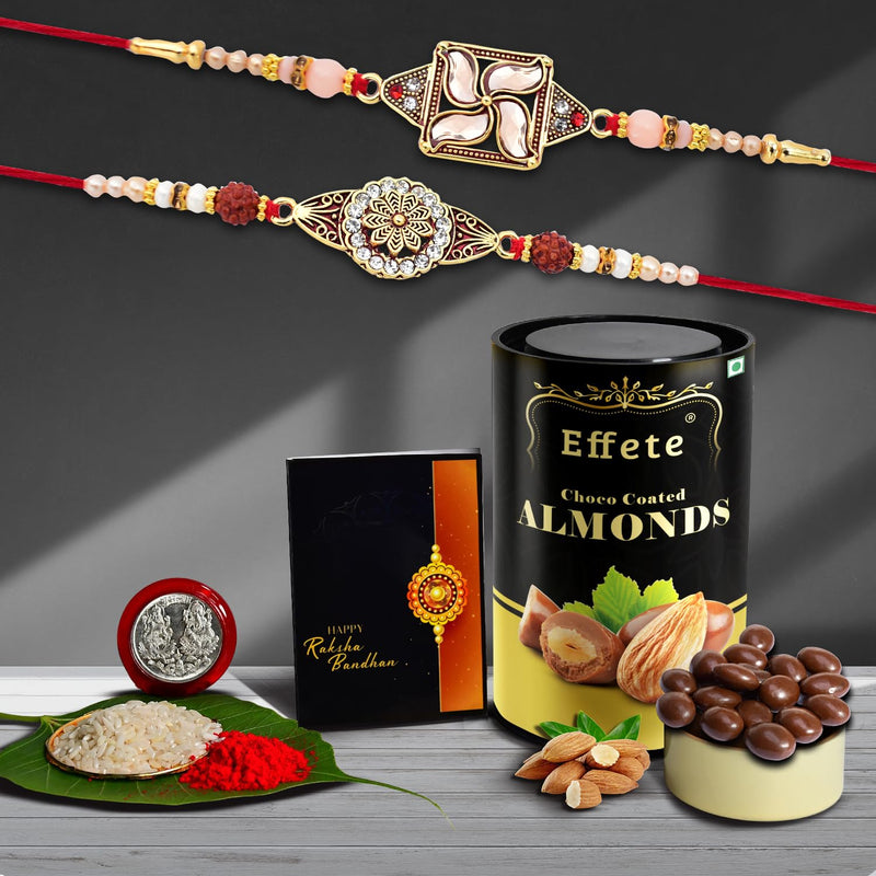 (K2_425+426_as) Rakhi Combo With Assorted Chocolate Dryfruits 96gm Rakhi For Brother With Gift Chocolate Gift Pack Rakhi With Chocolate Gift Hemper Fancy Rakhis For Men Set Of 2 Rakhi