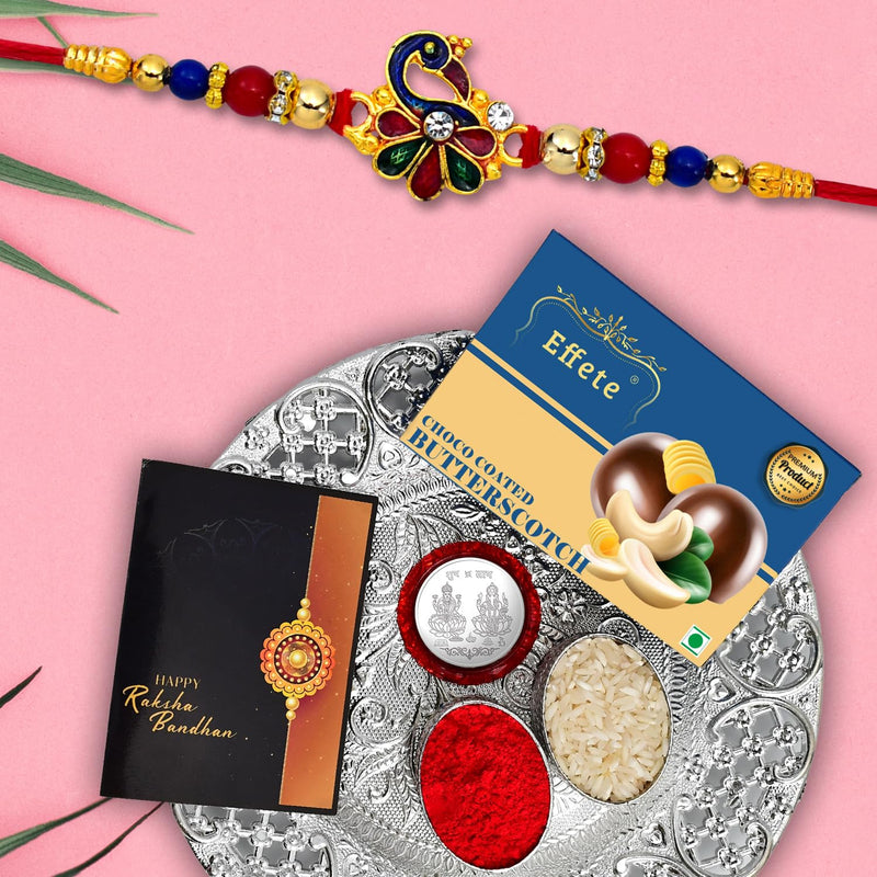 (K2_410+411_ds+bs32) Rakhi Combo Chocolate Butter Scotch 32gm  Silver Pooja Thali With Pooja Coin  Greeting Card  Rakhi Gift Set  Rakhi Thali  Rakhi Gifts  Kids Car Rakhi  Rakhi With Plate  Rakhi Thali Set  Rakhi With Gift  Rakhi