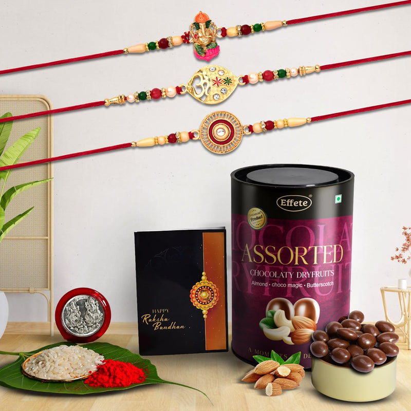 Rakhi (K3_251+258+263_as)  Assorted Chocolate Dryfruits 96gm Rakhi For Brother With Gift Rakhi With Chocolate Rakhi Combo For Brother Set Of 3 Rakhi Chocolate