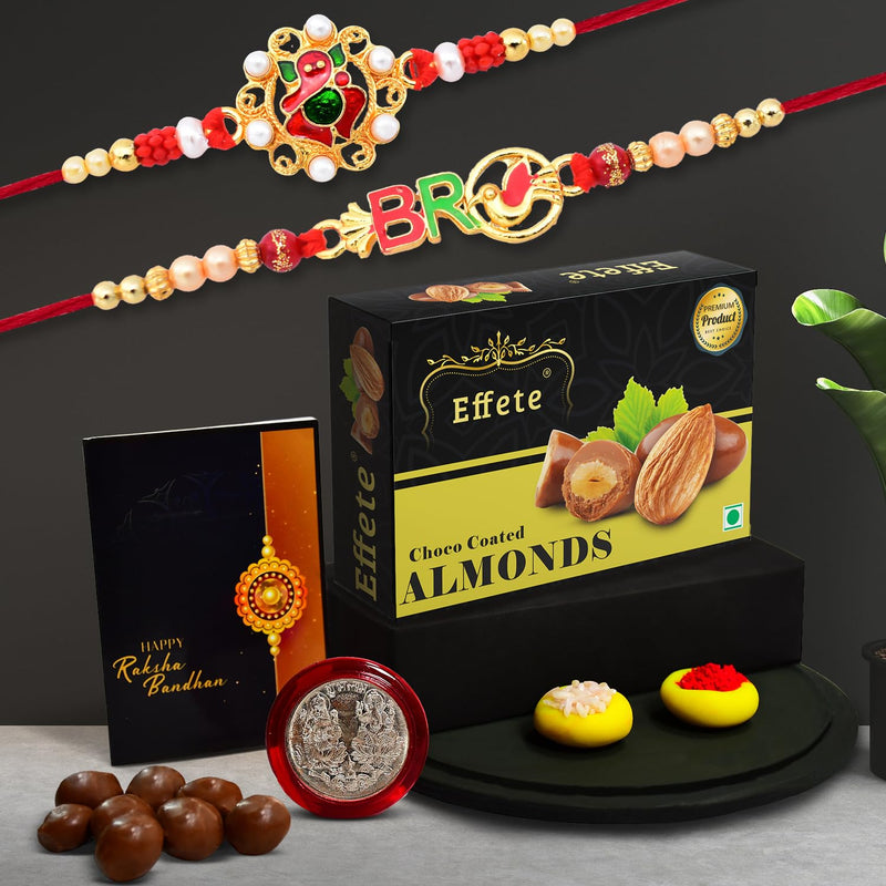 Bro Written Rakhi For Brother  Design Rakhi For Brother  Rakhi Combo Set With Chocolate Almonds 32gm (K2_12+13_ca32)